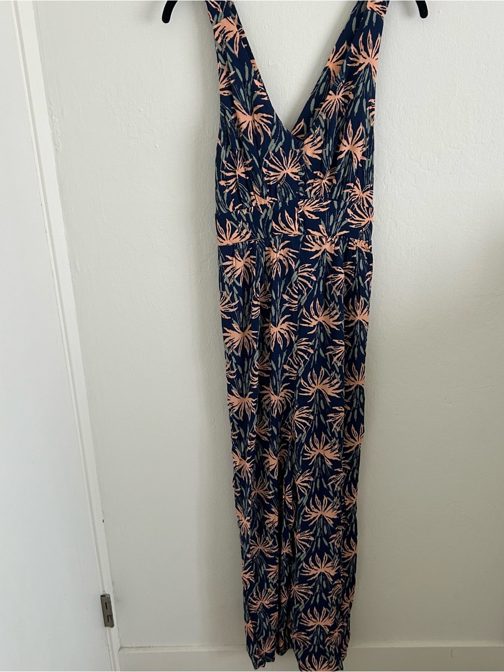 Madewell Navy Blue Palm Tree Print Jumpsuit with Peach and Sage Accents size 2